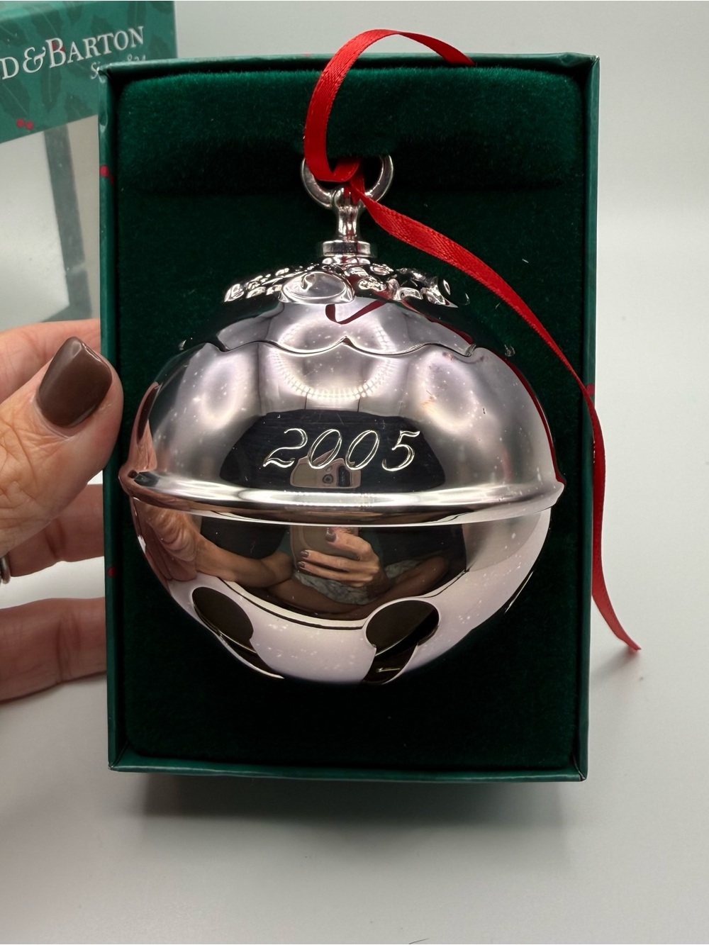 Reed & Barton Silver Jingle Bell Ornament with Red Ribbon 2005